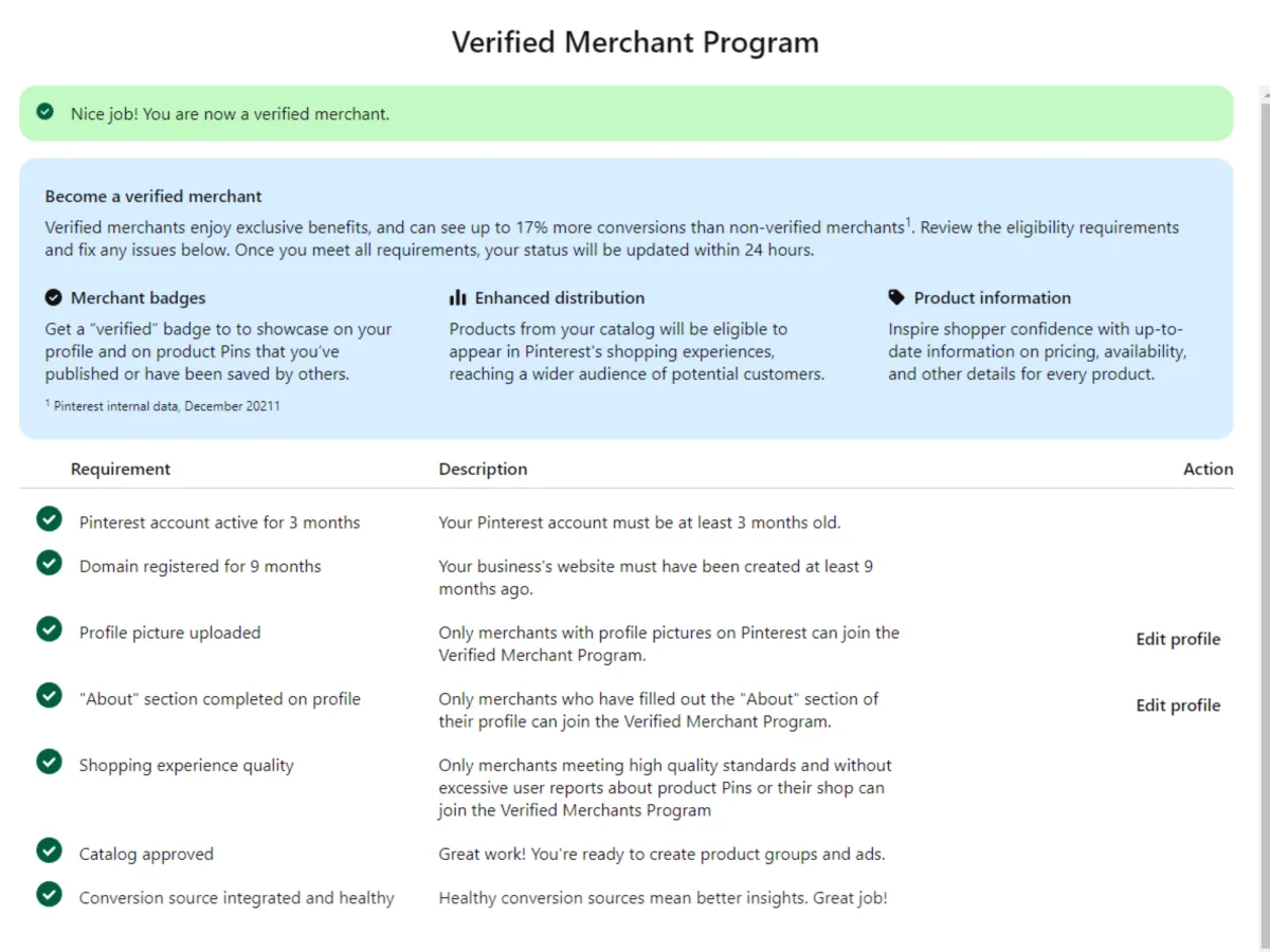 do pinterest verified merchant by fixing the all required issues