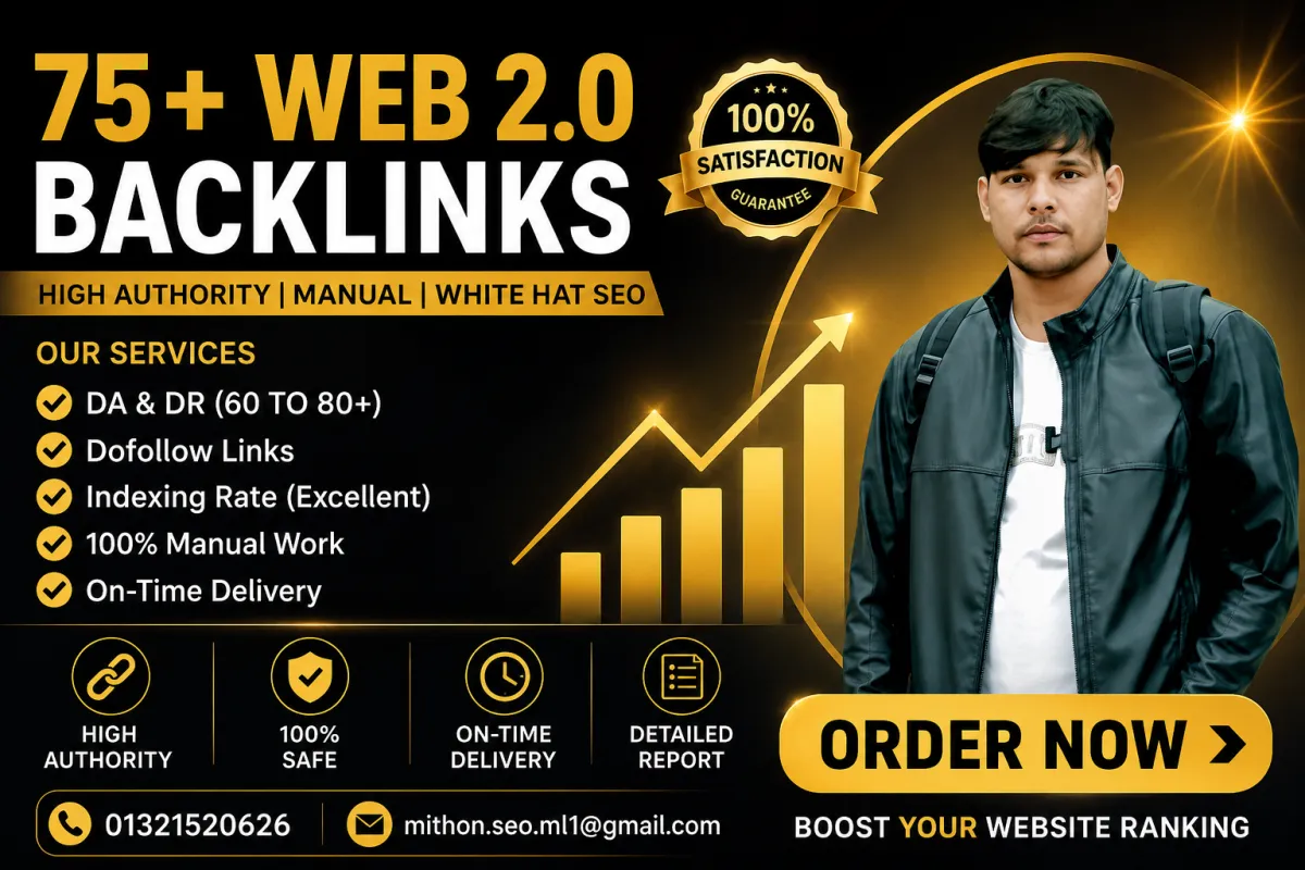 We use the most recent Google strategy to build 75+Web 2.0 SEO backlinks for your websites ranking.