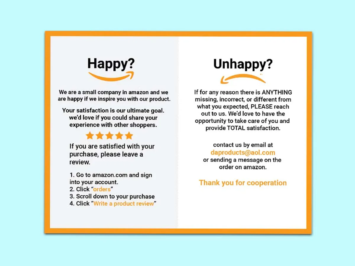 design amazon thank you card, product instructional card