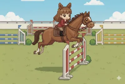 develop a pixel art equestrian jump game with level progression and scoring system