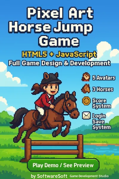 develop a pixel art equestrian jump game with level progression and scoring system